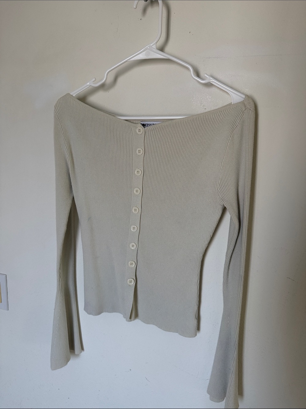 Princess Polly Cream Ribbed Button-Front Long Sleeve Top